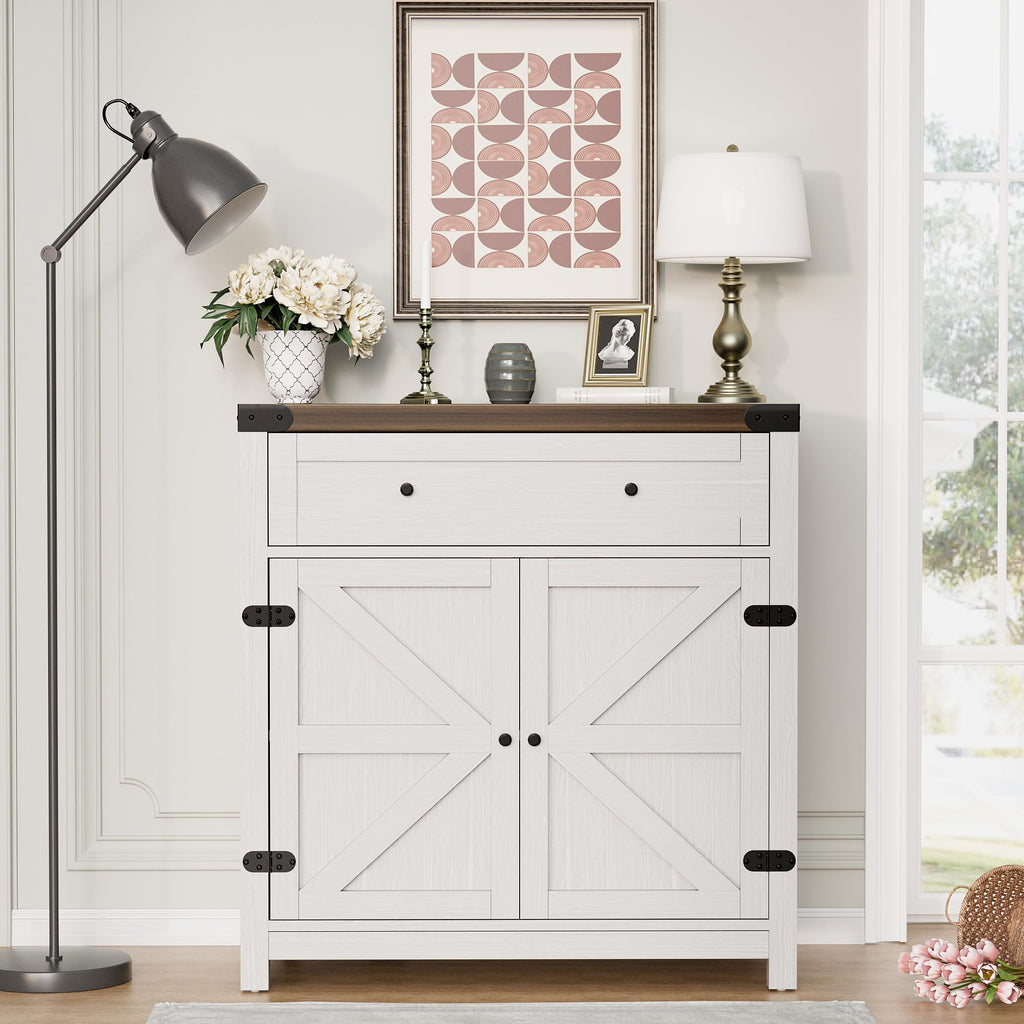 Sideboard Buffet Cabinet with Storage, Farmhouse Coffee Bar Cabinet with 1 Drawer and 2 Barn Doors, Barn Door Console