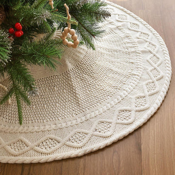 36 inch Christmas Tree Skirt: Pencil Tree Skirt for 6ft Tree, Diamond Edge Knit Cream White Small Tree Skirt, Vintage
