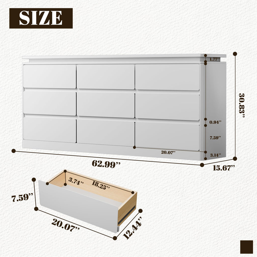 9 Drawer, 62.99" Long White Chest of Drawers w/LED Light