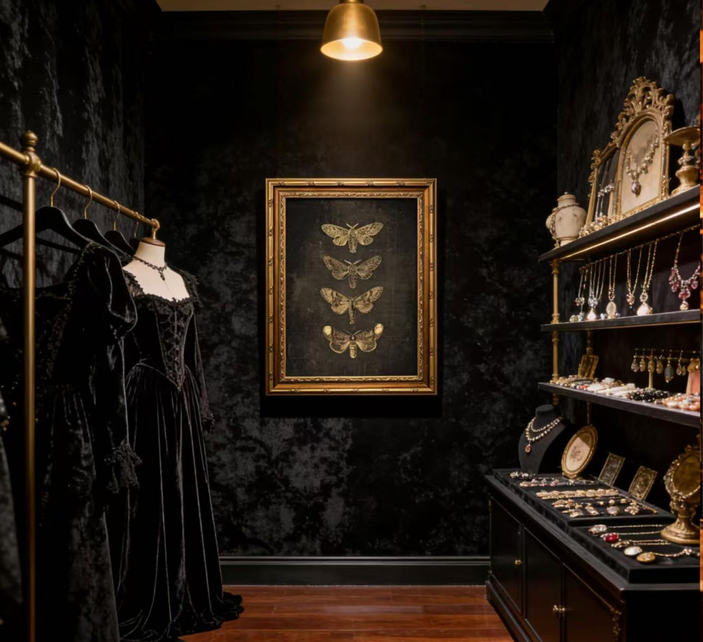 Vintage Gold Framed Moth Butterfly Canvas Wall Art - Gothic Dark Moody Cottagecore Insect Print Decor Bedroom