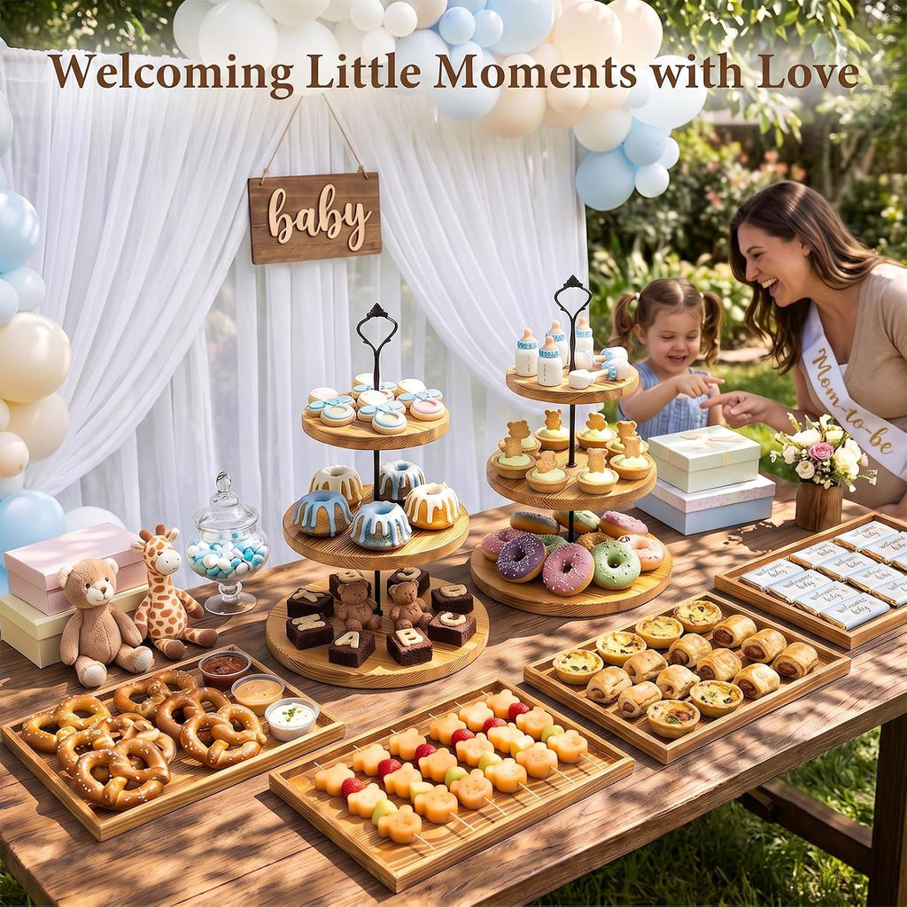 Wooden Dessert Table Display Set, 3 Tier Cupcake Stand Set with Serving Trays, Rustic Dessert Display Stand - Set of 6