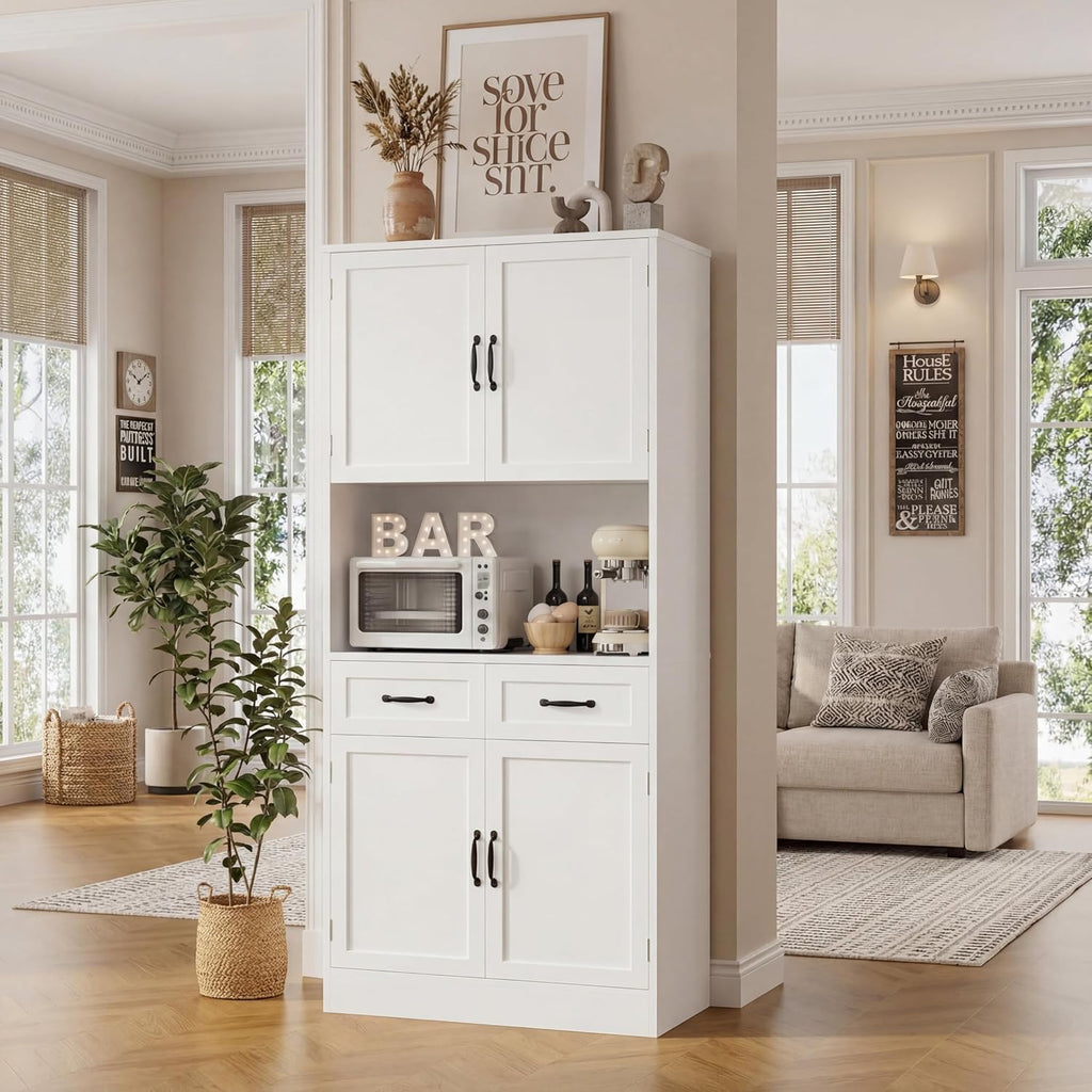 71" Tall Kitchen Pantry Storage Cabinet, Wood Kitchen Hutch, White | Modern Pantry Cabinet with Microwave Stand