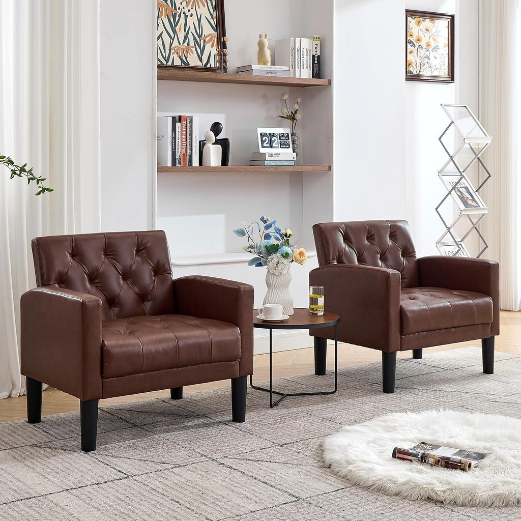 Leather Accent Chairs, Tufted Armchairs - Set of 2