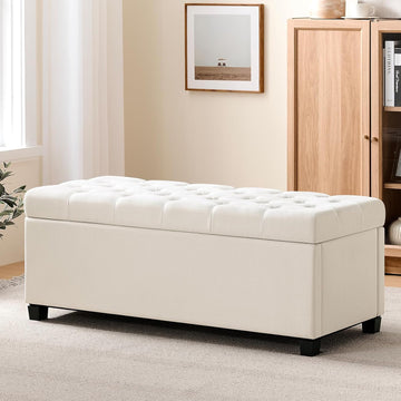 Storage Ottoman Bench , 47.2", Ivory | 47.2-inch storage ottoman with safety hinge, tufted upholstered seat and