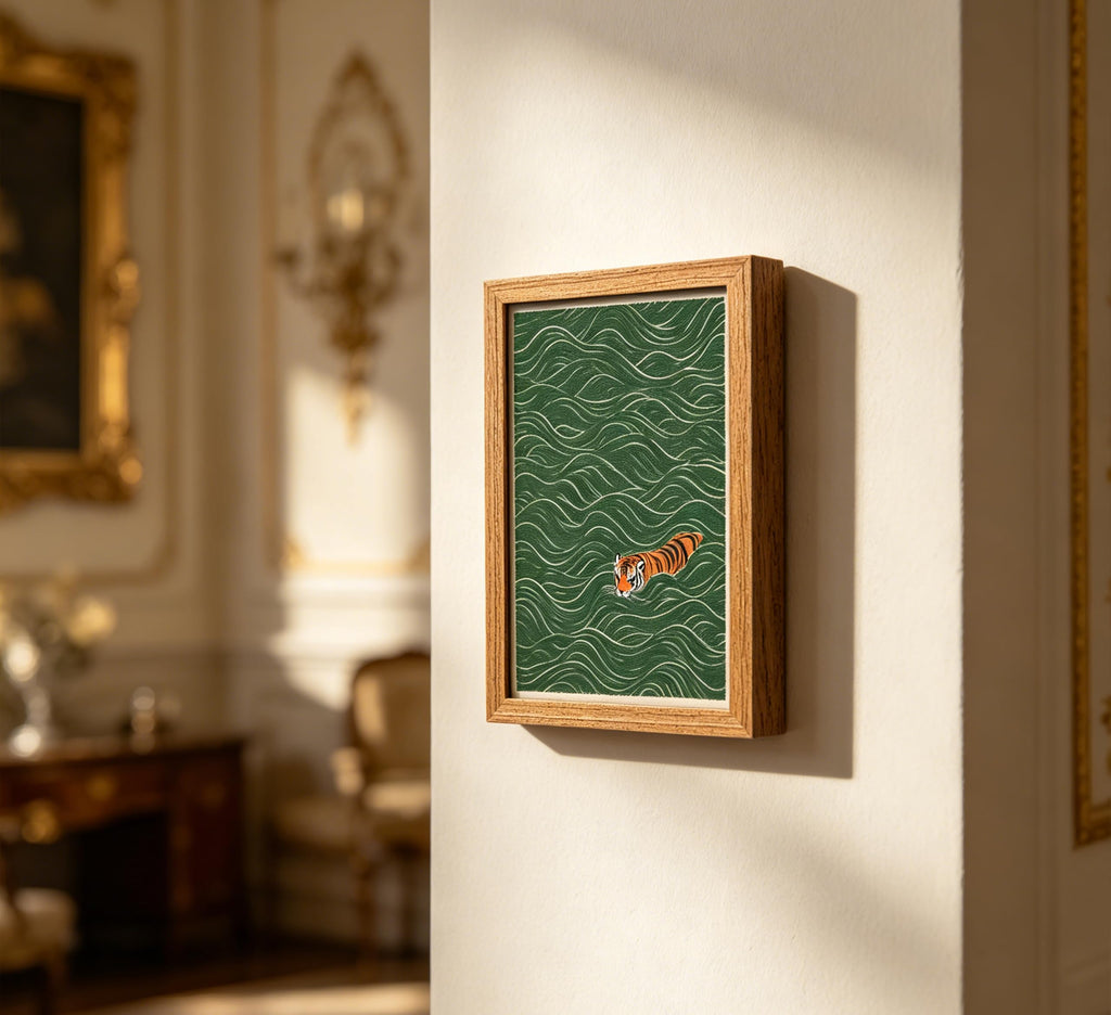 Framed Swimming Tiger Canvas Wall Art, Abstract Green Wave Print, Minimalist Vintage Wildlife Painting Living Room