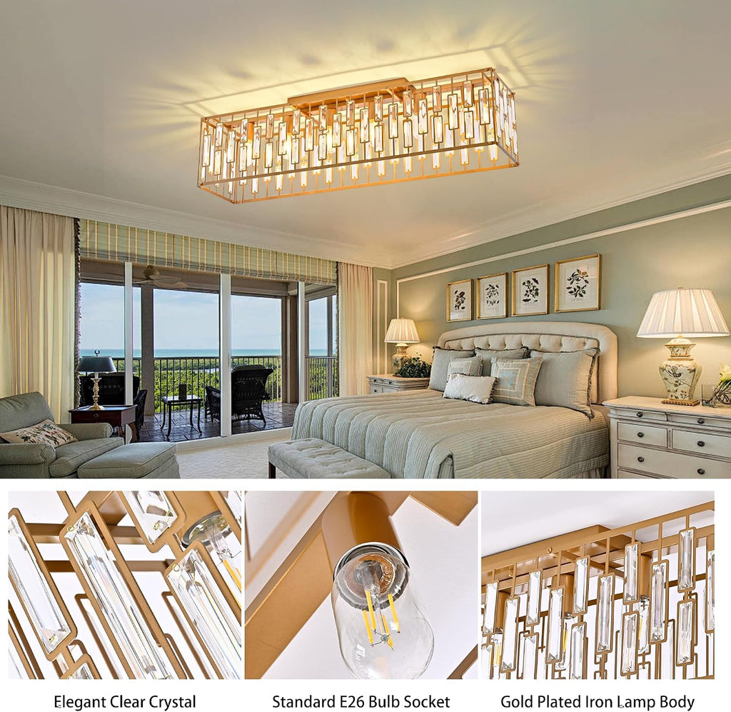 38.7 inch Gold Crystal Chandelier for Living Room, 6-Light Rectangle Flush Mount Ceiling Light Modern Chandeliers for