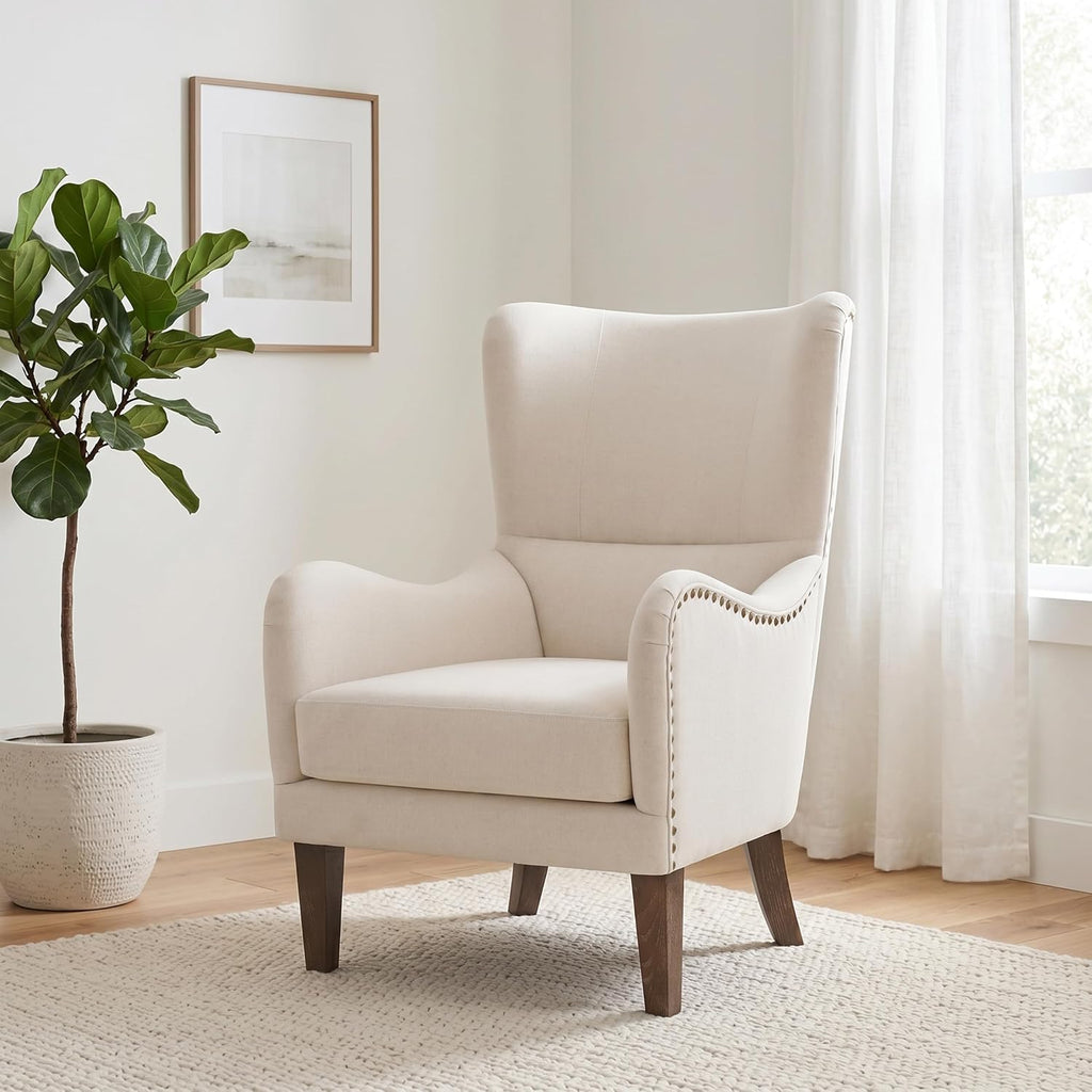 Accent Wingback Chair with Ottoman, Upholstered High Back Reading Chair, Beige Linen Blend Armchair with Nailhead