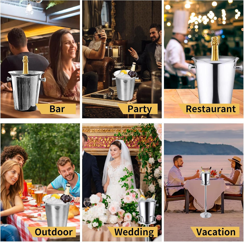 Silver Ice Bucket with Stand, large Champagne Ice Bucket 1.32 gal, Stainless Steel Ice Bucket, 3Ft Tall Ice Bucket