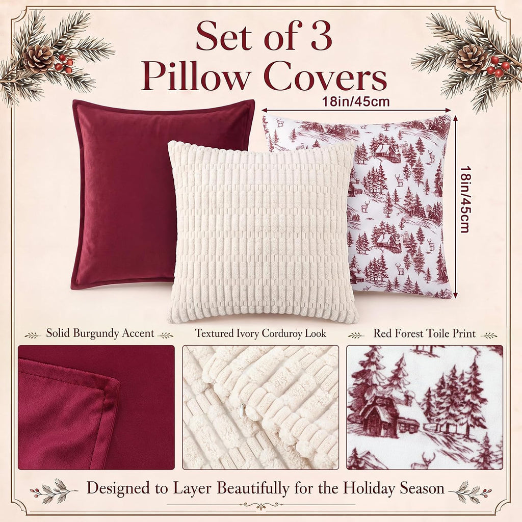Christmas Pillow Covers 18 x 18'' Pillow Covers, Red - Set of 3