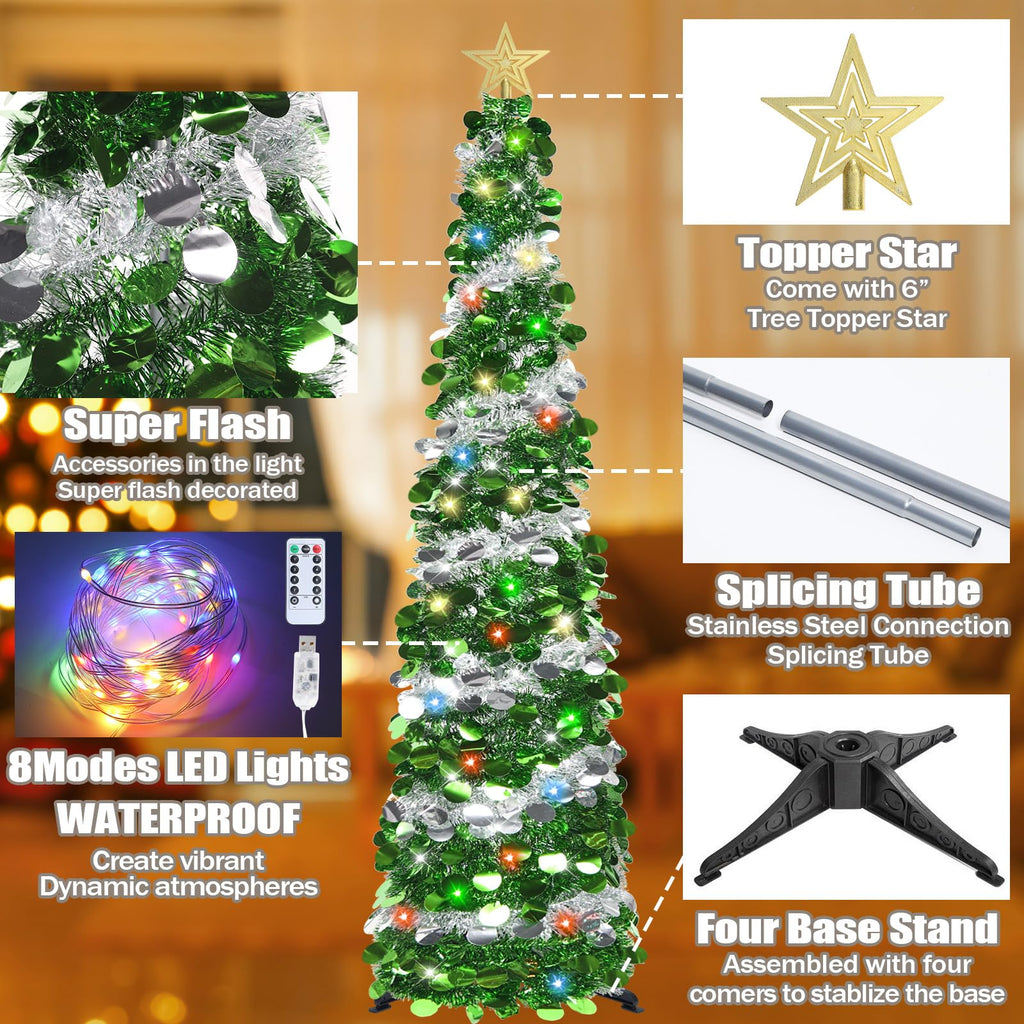 6 FT Pop Up Tinsel with 100 Colored Timer Lights & Remote, Green Silver Collapsible Artificial Pencil Tree Xmas