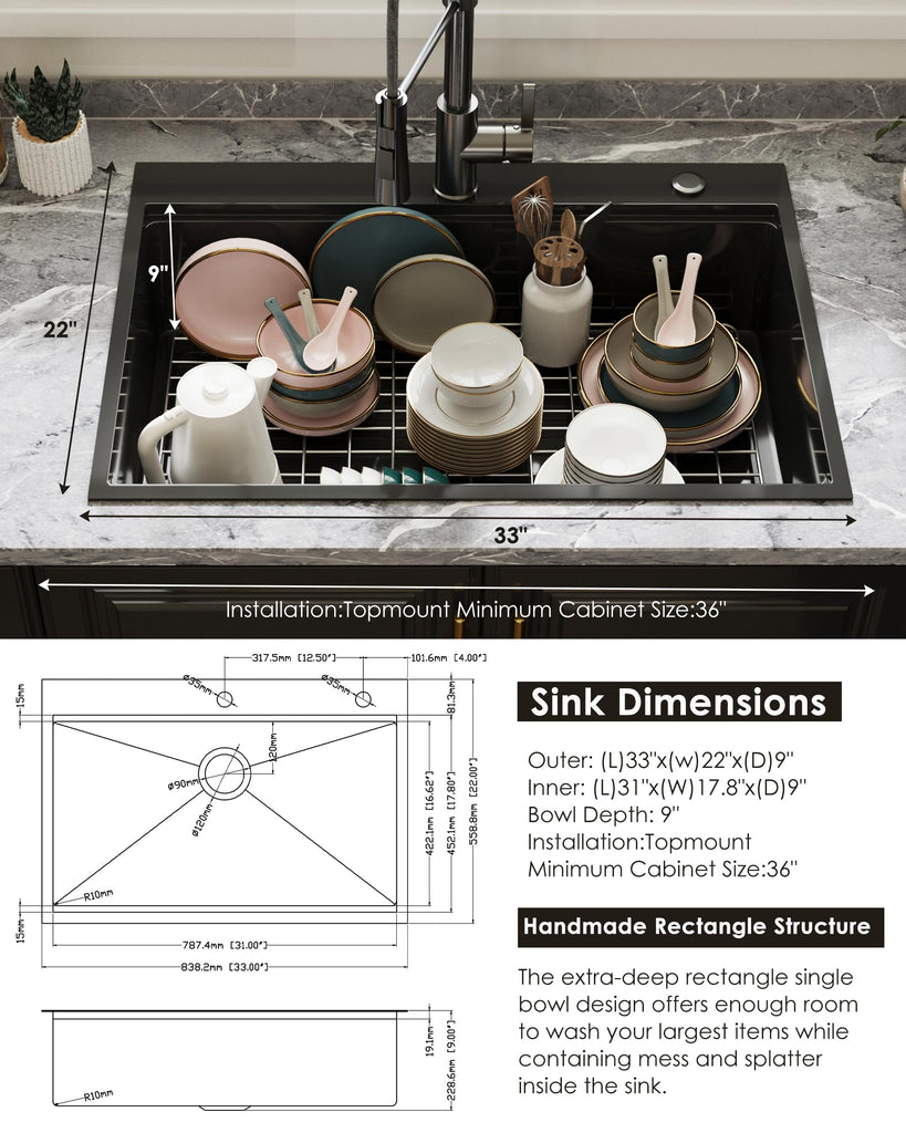 33x22 Gunmetal Black Drop Sink Workstation Sink with Faucet