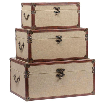 Farmhouse Decorative Storage Trunks Set of 3 Linen and Wood Boho Vintage Boxes with Metal Handles and Clasp, Rustic