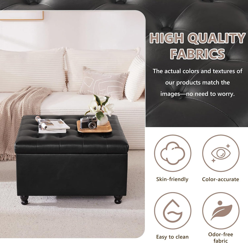 30" Large Square Ottoman with Storage, Leather Ottoman Coffee Table, Black | Tufted Upholstered Ottoman , Oversized