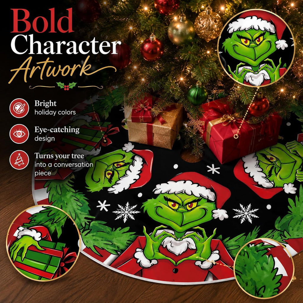 48 Inch Christmas Tree Skirt, Green Character Holiday Tree Skirt with Merry