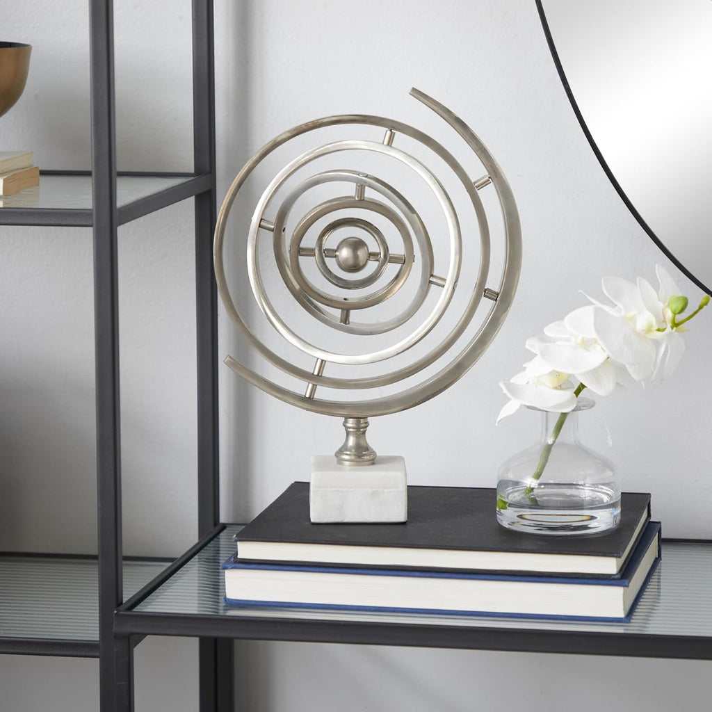 Aluminum Armillary Globe with Marble Base, 10" x 7" x 13", Silver
