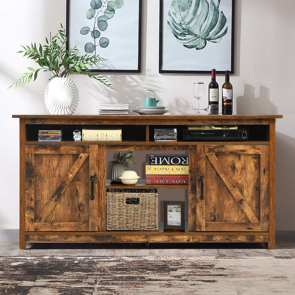 Industrial TV Stand with Barn Doors for TVs up to 65 Inches, Farmhouse TV Console Cabinet with Shelves & Cabinets