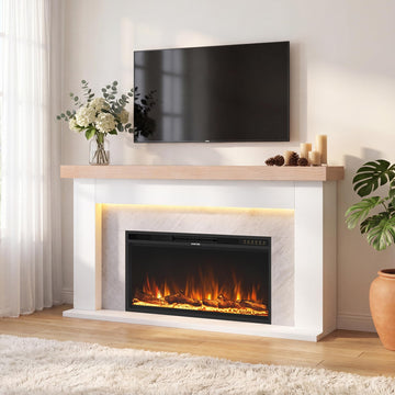 62" Freestanding Electric Fireplace Mantel, Remote & APP Dual Control, 36" Replaceable Heater Insert for Living Bedroom.