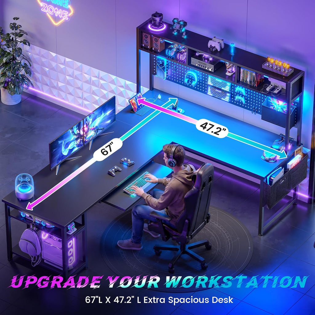 67" L Shaped Gaming Desk with Pegboard LED Lights and Power Outlet | Reversible Computer Desk with Keyboard Tray