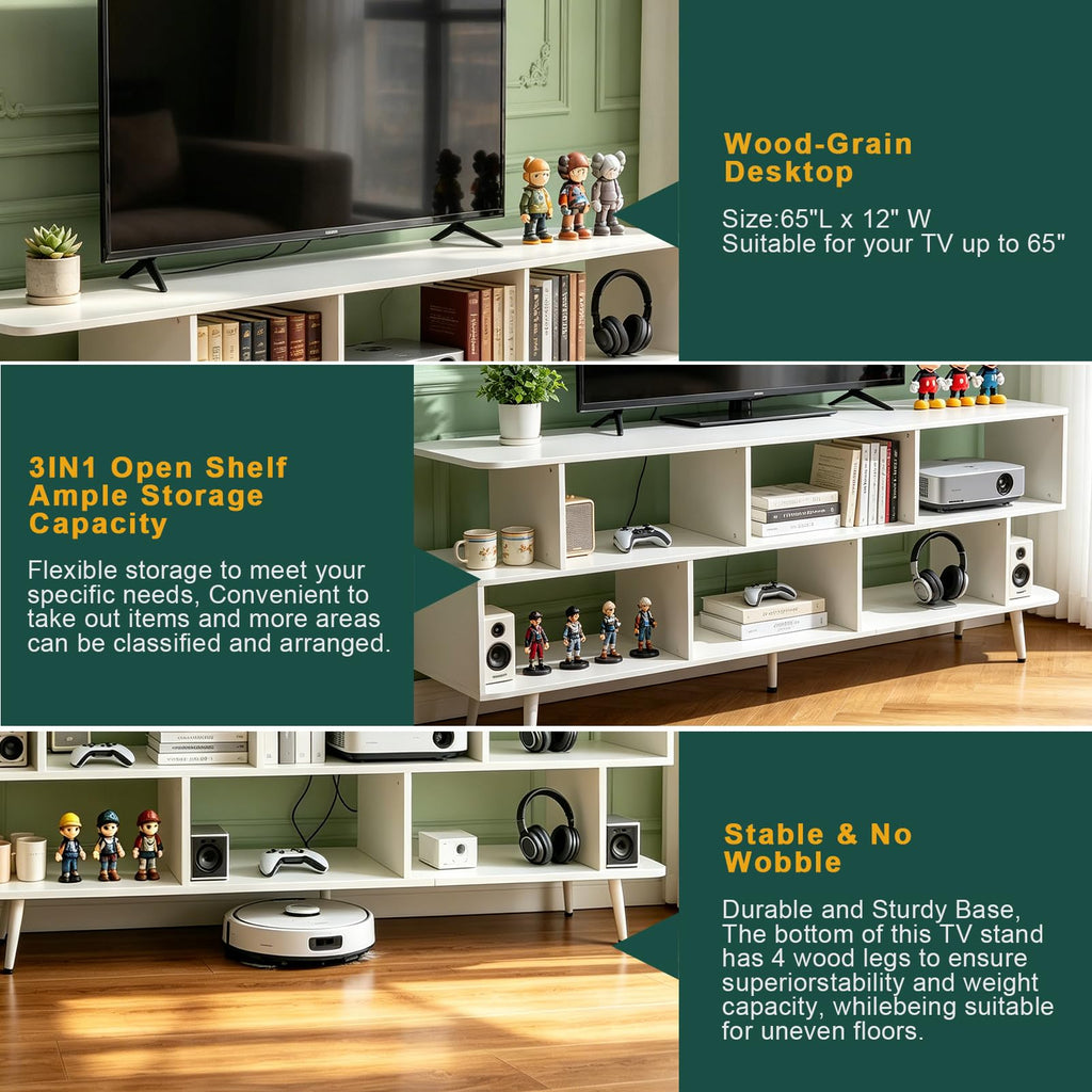 65" White TV Stand with Power Outlet for TVs up to 75", Large Entertainment Center with 8 Open Shelves, Media Console