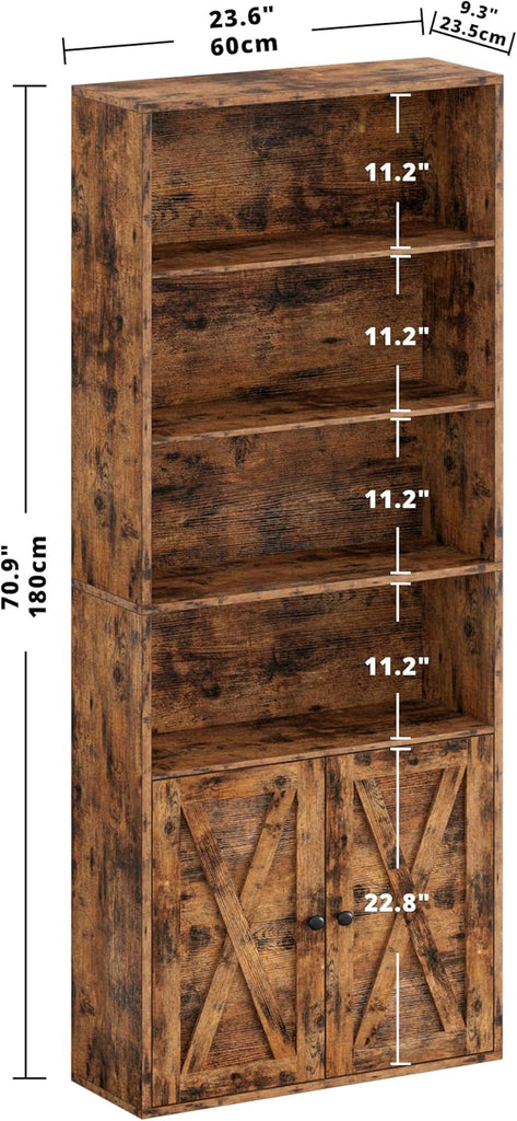 Industrial Bookshelves and Bookcases with Doors Floor Standing 6 Shelf Display Storage Shelves 70 in Tall Bookcase