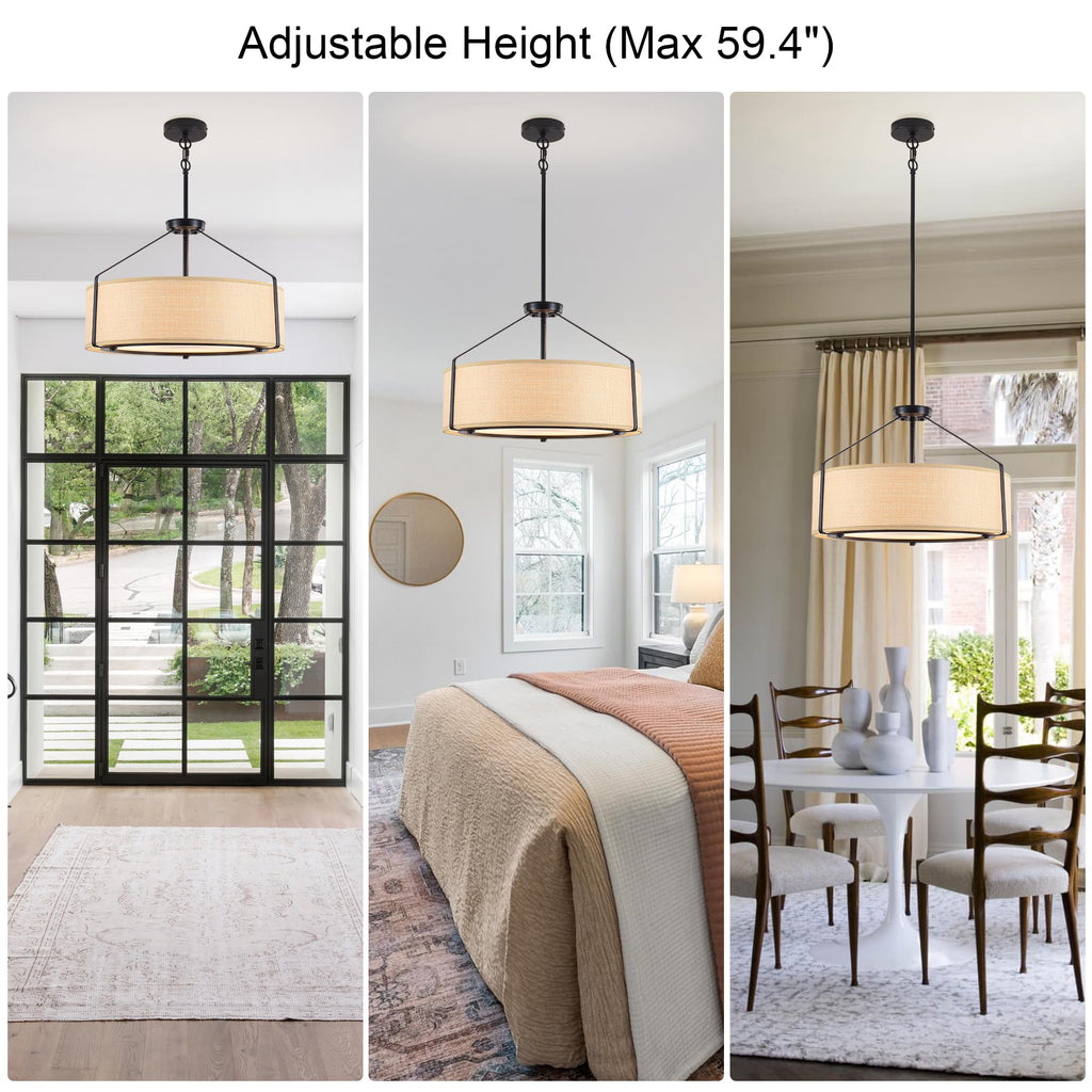 20Inch Drum Chandeliers, Yellow Rattan Drum Chandelier with Metal and Fabric Shade, Adjustable Height, Simple Modern