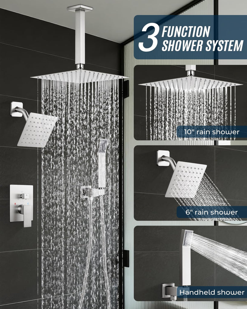 Rain Shower Faucet Set, 10" Top + 6" Side Head, Brushed Nickel