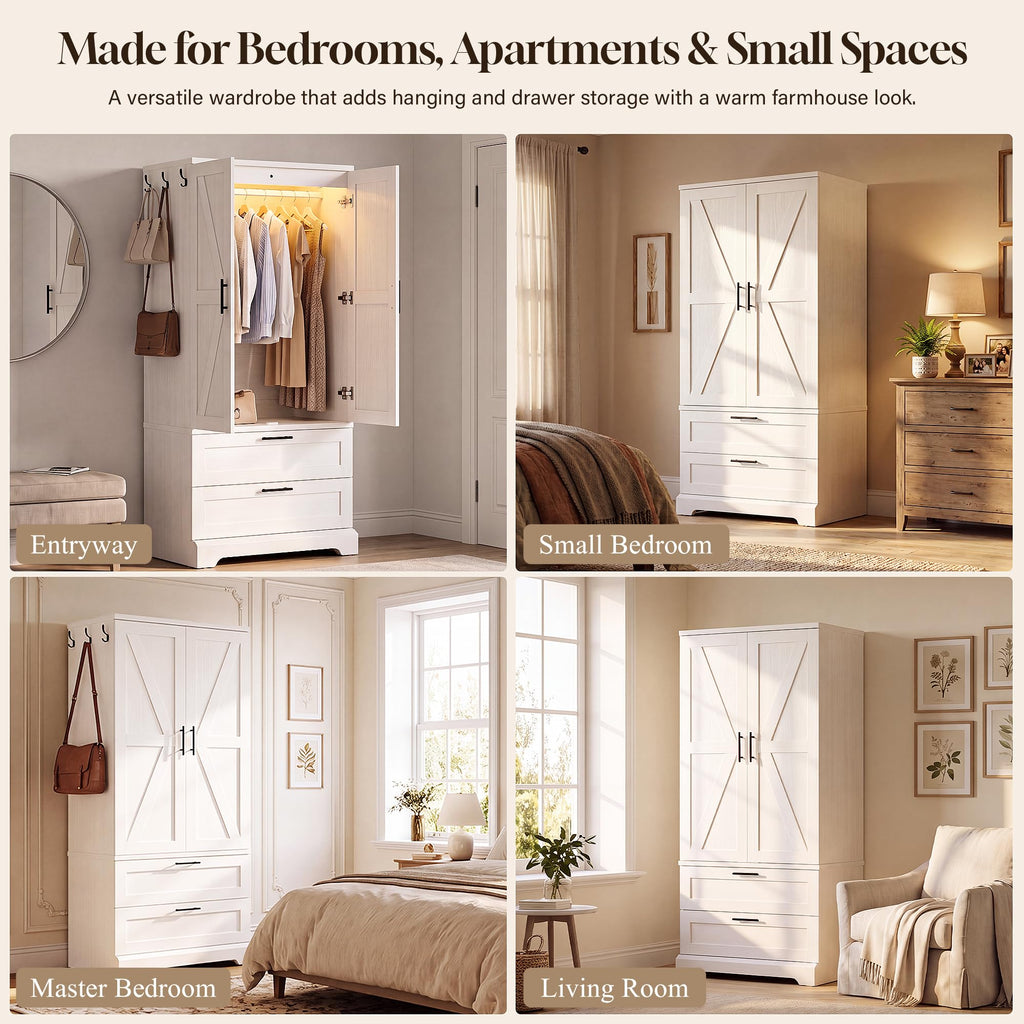 70.9" Wooden Armoire Wardrobe Closet with Sensor Light(White)