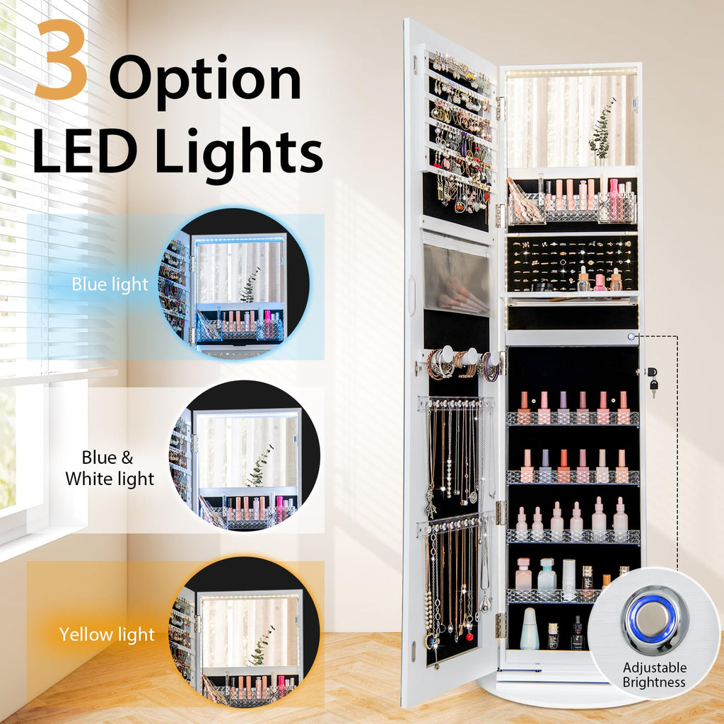 360° Swivel Jewelry Cabinet Armoire with Full Length Mirror, Standing Jewelry Storage Organizer with Rear Storage