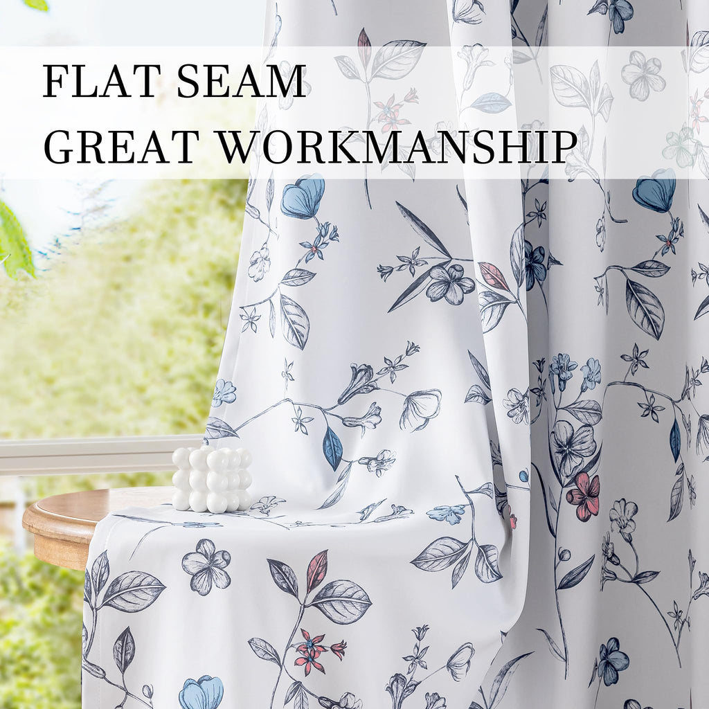 100% Navy Blue Blackout Floral Curtains 96 Inches Long 2 Panels