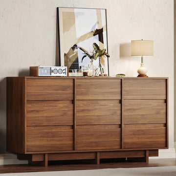 Walnut Dresser, 59in Modern 9 Drawer Chest of Drawers
