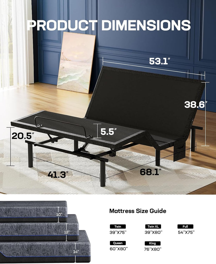NS1 Queen Adjustable Bed Base with Massage- Smart Dual Motor Bed Frame with Wireless Remote, 3-Min Assembly, Zero