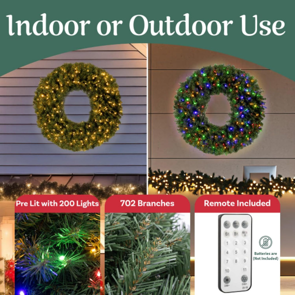 Indoor/Outdoor Prelit Large Christmas Wreath, Green, 48"