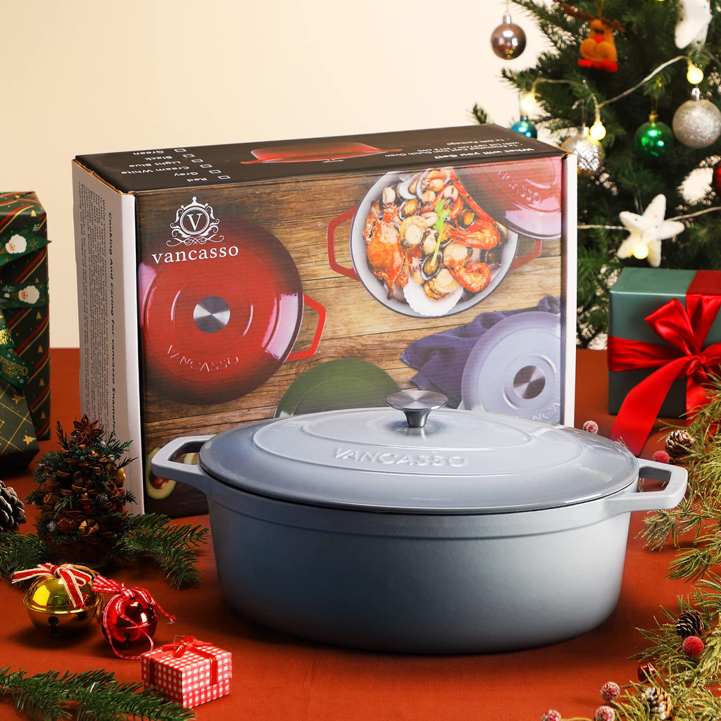 9.3 Qt Oval Enameled Cast Iron Dutch Oven with Lid, Grey