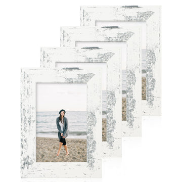 4x6 Picture Frame Set of 4, High Definition Glass Distressed White Frame, 4 x 6 Wood Photo Frames for Tabletop