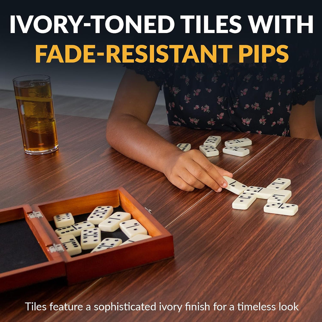Premium Dominos Set - with Wooden Carry Case, 28 Double-Six Ivory Dominoes with Black Pips, Felt-Lined Walnut Case &