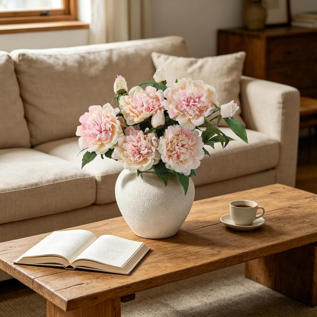 Real Touch Artificial Peonies,Champagne Pink Faux Silk Flowers - Set of 5