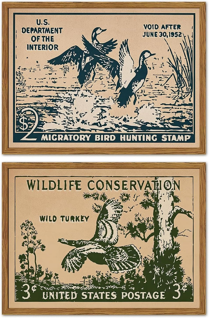 Framed Vintage Wildlife Stamp Wall Art Set of 2, Retro Conservation Duck and Wild Turkey Pictures Wall Decor, Rustic