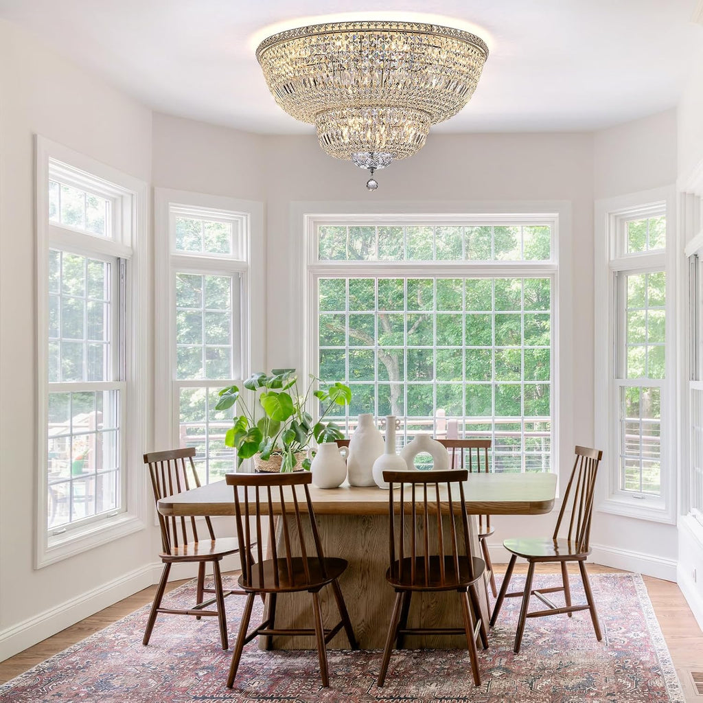 16-Light Modern Crystal Chandelier, 32" Chrome Flush Mount Ceiling Light, Round Tiered Crystal Ceiling Fixture