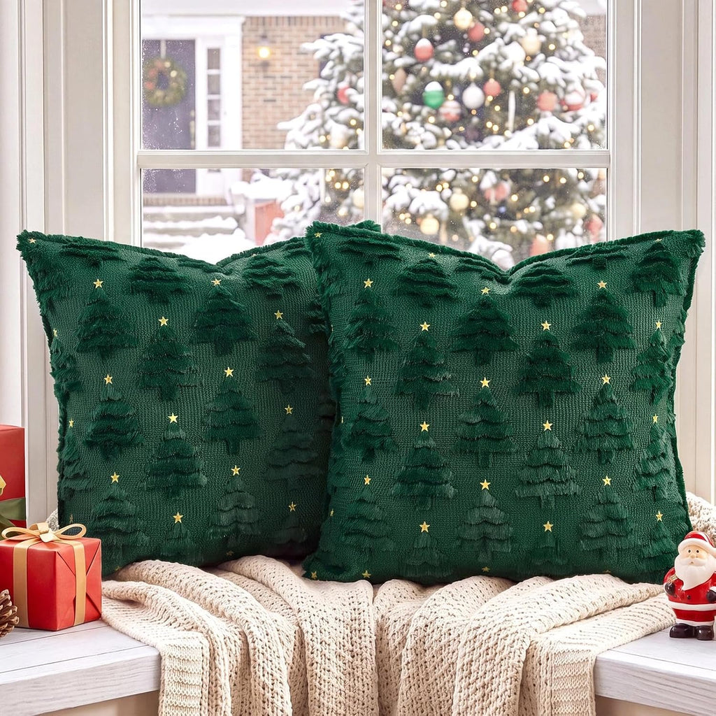 Christmas Pillow Covers 18x18, Green Xmas Tree Decor - Set of 2