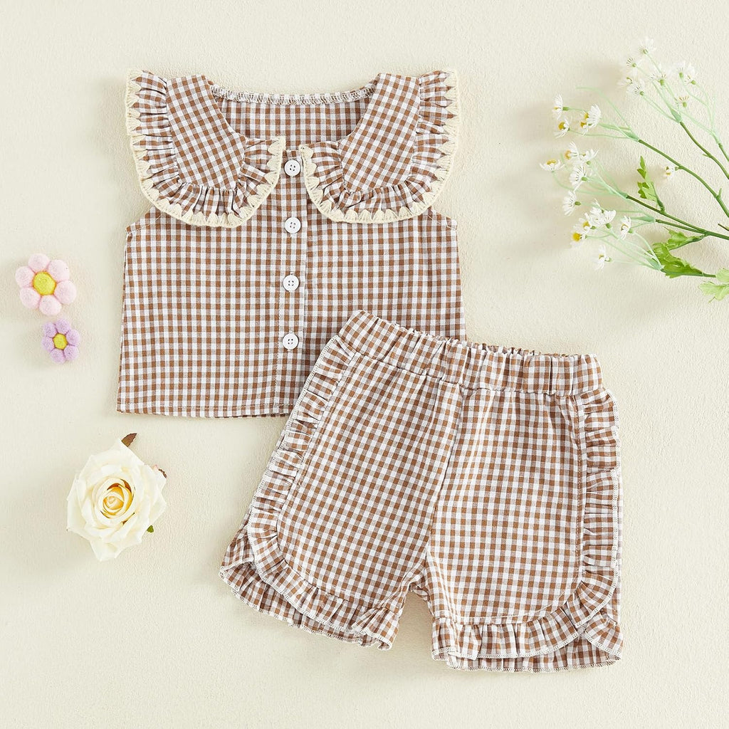 Toddler Girl Summer Outfits Plaid Bowknot Front Fly Sleeve T-shirt Tops Kids Girl Shorts Clothes Set
