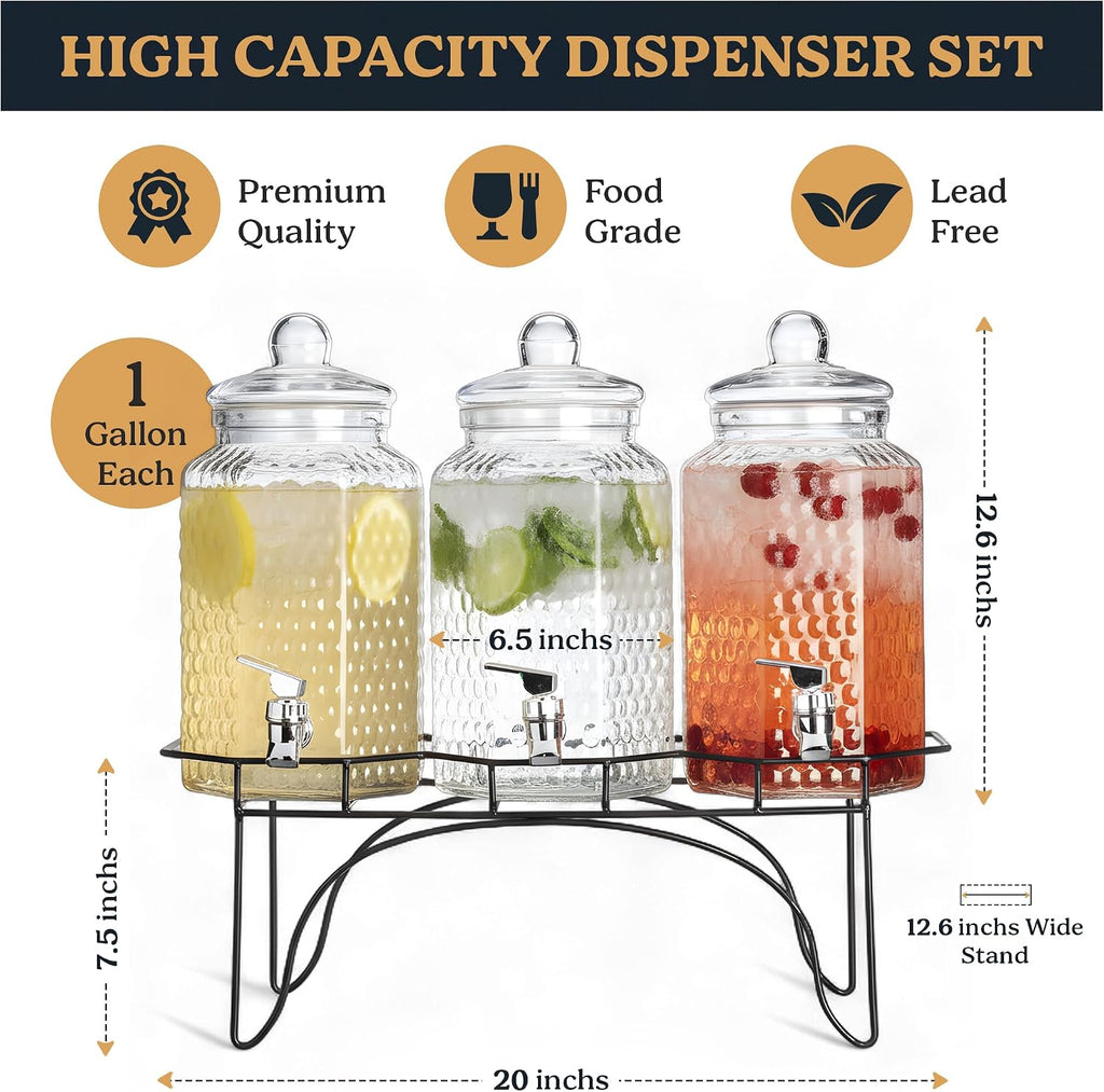 Drink Dispenser - Beverage Dispenser with Stand - for Lemonade, Juice, Water, Iced Tea, Punch - 1-Gallon - Set of 3