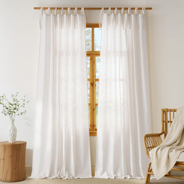 Thick Linen Tie Top Curtains 84 inches Long, Light Filtering Drapes Adjustable DIY Crafted Privacy Window Treatments