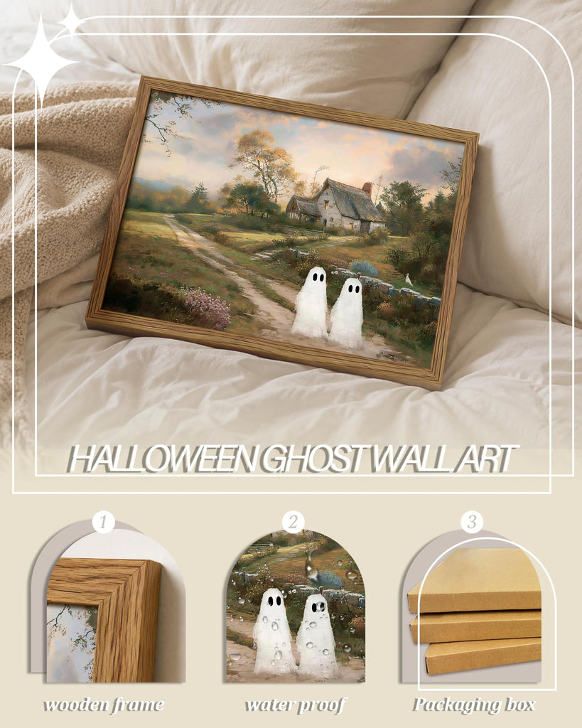 Vintage Landscape Ghost Wall Art, Gothic Halloween Cute Ghost Canvas Wall Decor Painting, Retro Rustic Cottage