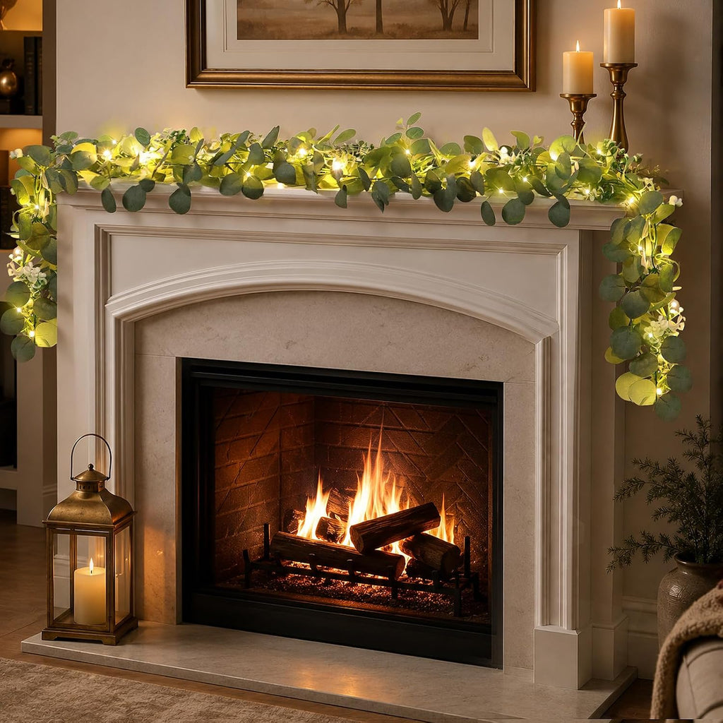 1 Pack Artificial Eucalyptus Garland with Lights, 6FT Artificial Greenery Summer Garlands, Battery Operated Twig Vine