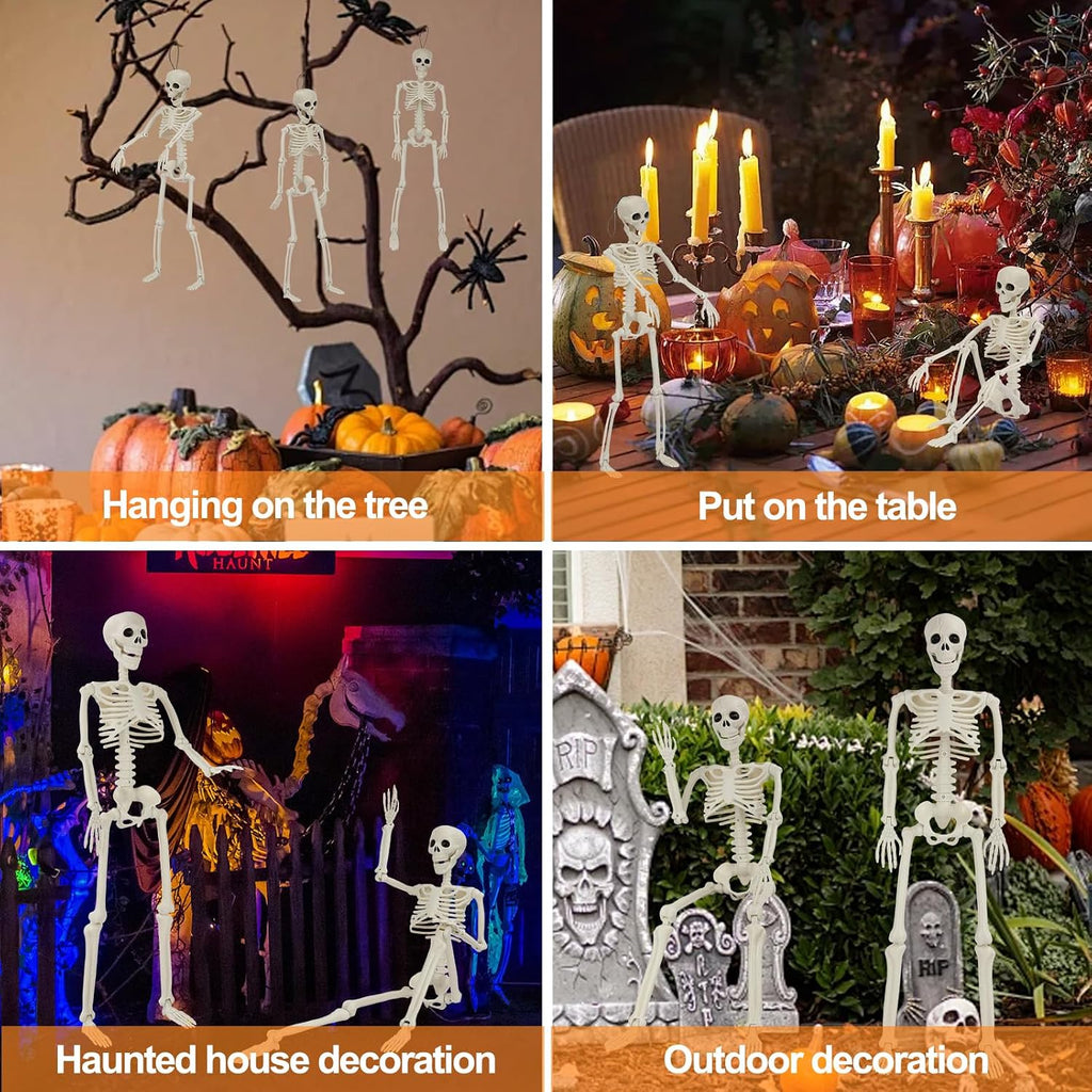 Halloween Skeleton Decorations, 2 Pack 36" Full Body Joints Posable Skeleton with 3 Pack 16" Hanging Skeleton, Creepy - Set of 2