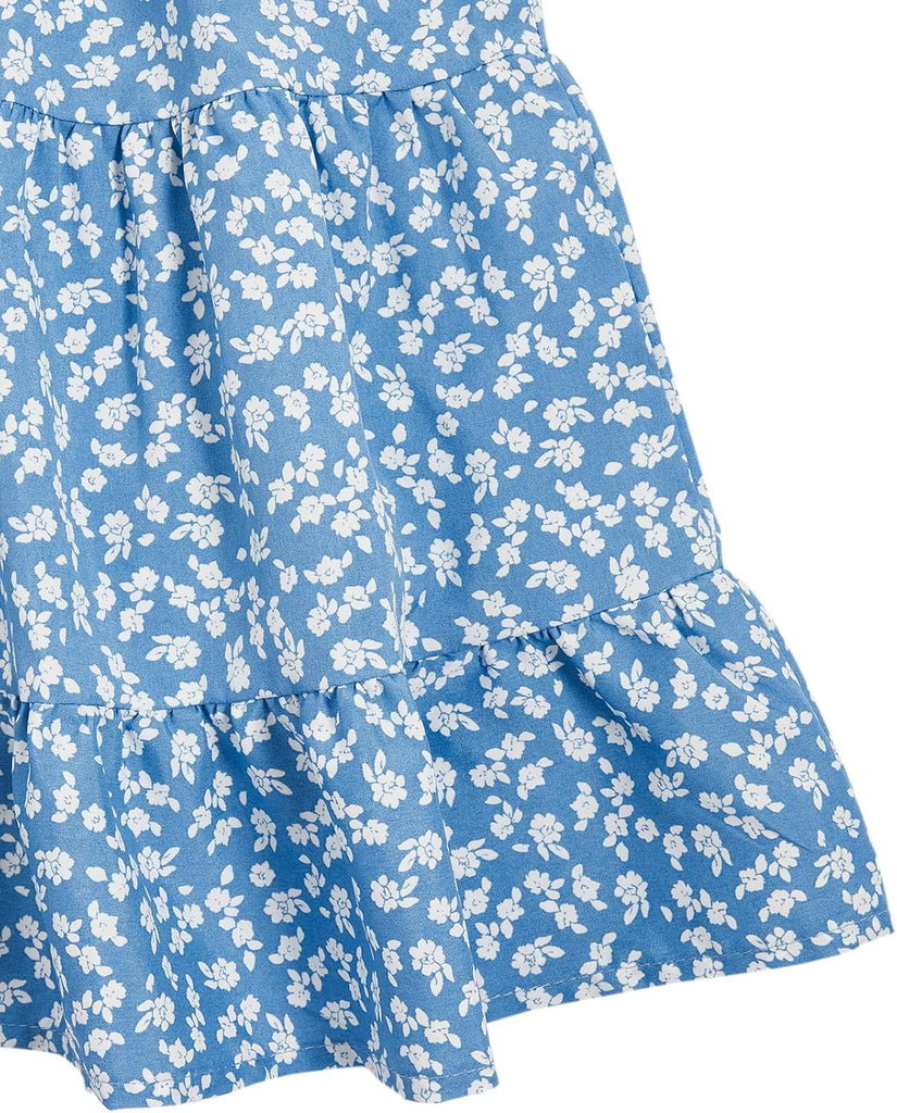 Girl's Floral Sleeveless Ruched Ruffle Hem A Line Cami Short Dress