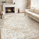 8x10 Washable Vintage Area Rug, Low Pile Non-Slip Neutral Carpet for Bedroom Dining Room Beige