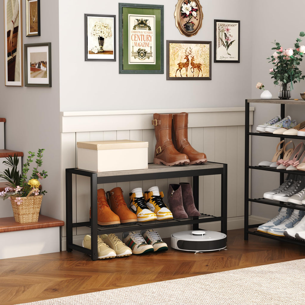 2 Tiers Shoe Bench, Retro Industrial Shoe Storage Bench with Mesh Shelf and Sturdy Metal Frame, Metal Shoe Rack Bench