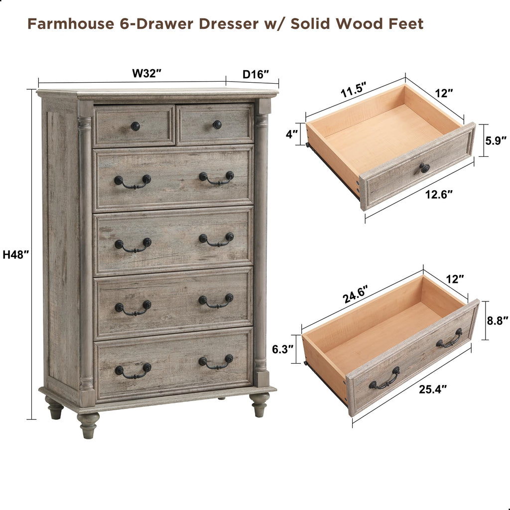 Farmhouse 6-Drawer Dresser with Solid Wood Feet, Light Rustic Oak