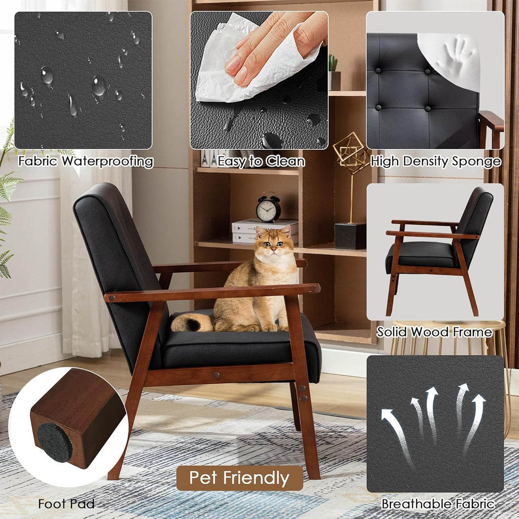 Black Leather Accent Chair, Waiting Chair with Wooden Arms